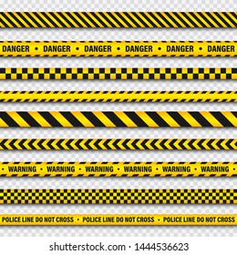 Yellow And Black Barricade Construction Tape On Transparent Background. Police Warning Line. Brightly Colored Danger or Hazard Stripe. Vector illustration