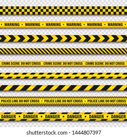 Yellow And Black Barricade Construction Tape On Transparent Background. Police Warning Line. Brightly Colored Danger or Hazard Stripe. Vector illustration