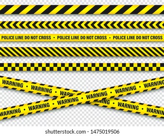 Yellow and Black Barricade Construction Tape Collection. Police Warning Line. Brightly Colored Danger or Hazard Stripe. Vector illustration.