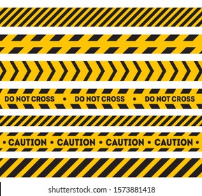 Yellow and black barricade construction tape. Do not cross. Caution. Police warning line.