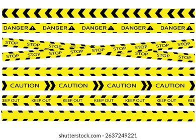Yellow and Black Barricade Construction Tape Collection. Caution and danger tapes. Warning tape. Vector illustration.