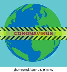 Yellow black barricade tape with the text coronavirus on the earth globe, global pandemic concept
