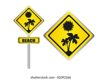 yellow and black beach sign isolated over white background