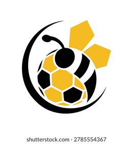 Yellow and black bee soccer ball logo design concept with honeycomb elements