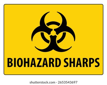 Um perigo biológico amarelo e preto aponta um sinal de alerta. Símbolo de materiais biológicos perigosos e objetos cortantes.