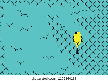 A yellow and black bird  resting on a chainlink fence watches the fence disintegrated into flying birds in a vector