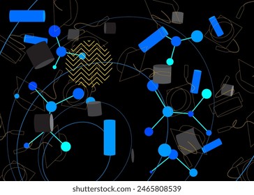 Yellow black and blue Graduation Cap, mortar board with geometrical graphic retro theme background. Vintage shapes vector illustration.