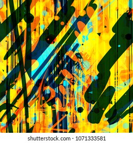 Yellow, black, blue, orange colors. Stripes, lines and spots. Seamless texture. Abstract vector background for web page, banners backdrop, fabric, home decor, wrapping