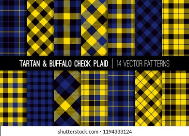 Yellow, Black and Blue Tartan and Buffalo Check Plaid Vector Patterns. Trendy 90's Style Fashion Textile Prints. Classic Scottish Checkered Fabric Textures. Pattern Tile Swatches Included.