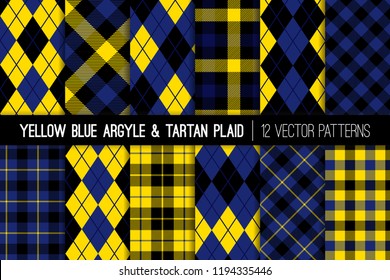 Yellow, Black and Blue Tartan Plaid and Argyle Vector Patterns. Trendy 90s Style Fashion Textile Prints. Classic Scottish Checkered Fabric Textures. Pattern Tile Swatches Included.