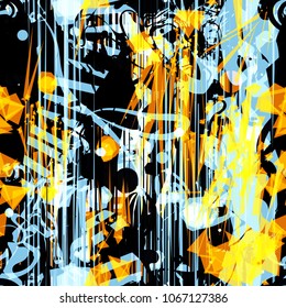 Yellow, black, blue, white scribbles. Seamless texture. Abstract vector background for web page, banners backdrop, fabric, home decor, wrapping