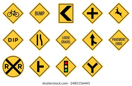 Yellow Black Box Rectangle Merging Traffic Signal Side Pavement Ends Deer Bicycle Crossing RR Railroad Crossing Loose Gravel Dip Low Place Ahead Road Sign Traffic Warning Regulatory Sign Signage Vecto