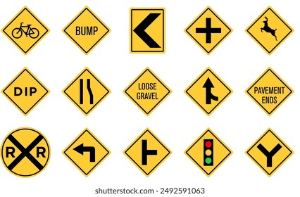 Yellow Black Box Rectangle Sharp Left Turn Merging Traffic Signal Side Pavement Ends Deer Bicycle Crossing RR Railroad Crossing Loose Gravel Dip Low Place Ahead Road Sign Traffic Warning Regulatory Si