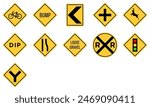 Yellow Black Box Rectangle Traffic Signal Deer Bicycle Crossing RR Railroad Crossing Loose Gravel Dip Low Place Ahead Road Sign Traffic Warning Regulatory Sign Signage Vector EPS PNG Transparent No Ba