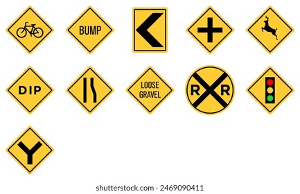 Yellow Black Box Rectangle Traffic Signal Deer Bicycle Crossing RR Railroad Crossing Loose Gravel Dip Low Place Ahead Road Sign Traffic Warning Regulatory Sign Signage Vector EPS PNG Transparent No Ba