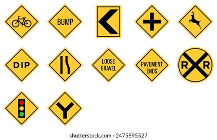 Yellow Black Box Rectangle Traffic Signal Pavement Ends Deer Bicycle Crossing RR Railroad Crossing Loose Gravel Dip Low Place Ahead Road Sign Traffic Warning Regulatory Sign Signage Vector EPS PNG Tra