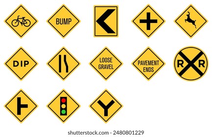 Yellow Black Box Rectangle Traffic Signal Side Pavement Ends Deer Bicycle Crossing RR Railroad Crossing Loose Gravel Dip Low Place Ahead Road Sign Traffic Warning Regulatory Sign Signage Vector EPS PN