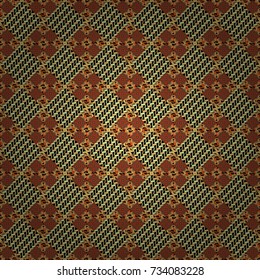 Yellow, black and brown ethnic geometric motif seamless pattern in yellow, black and brown on abstract background.