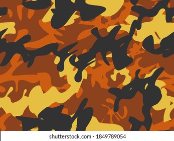 Yellow Black Brush. Orange Modern Texture. Dirty Camo Paint. Orange Hunter Pattern. Military Vector Camoflage. Abstract Camo Canvas. Brown Camouflage Seamless Print. Repeat Yellow Military Camouflage