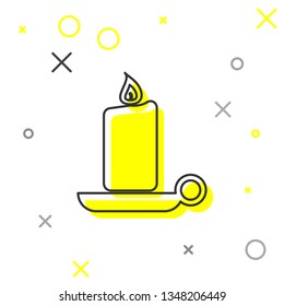 Yellow and black Burning candle in candlestick line icon isolated on white background. Old fashioned lit candle. Cylindrical aromatic candle stick with burning flame. Vector Illustration