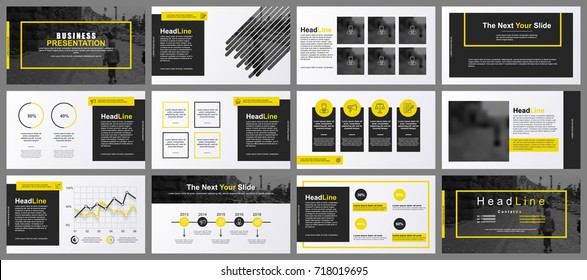 Yellow and black business presentation slides templates from infographic elements. Can be used for presentation, flyer and leaflet, brochure, marketing, advertising, annual report, banner, booklet.