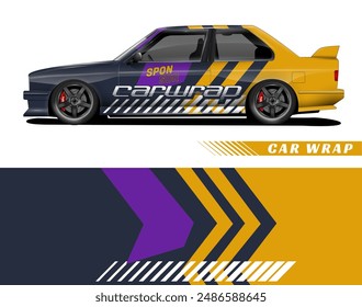 Yellow and black car with a purple sponsor decal suitable for automotive, racing, sports, and sponsorship concepts in design projects.