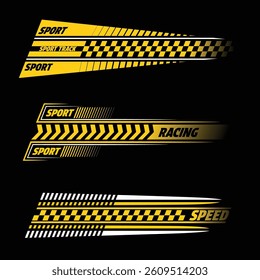 Yellow and black car racing decals set isolated on black background. Sport track and moto race linear designs