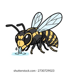 Yellow and black cartoon bee drinking water with transparent wings