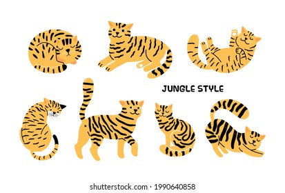 Yellow black cats. House cat look like tiger, cartoon isolated wild jungle animals vector collection