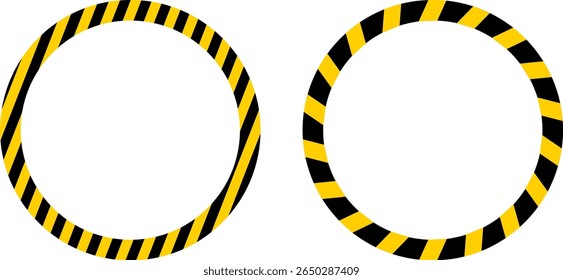 Yellow and black caution circle warning tape frame set. roadwork construction. designed for industrial safety. Caution tape border and safety stripe. Hazardous warning tape sets