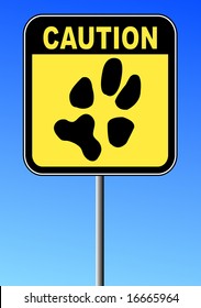 yellow and black caution sign with paw print on blue sky