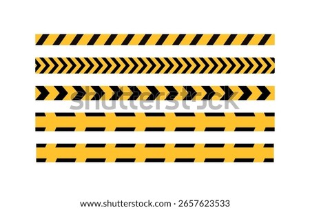 Yellow and black caution tape stripes in different patterns including chevrons and diagonal lines, used for safety warnings, construction zones, and hazard markings