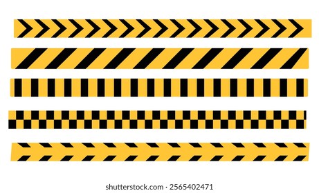 yellow and black caution warning tape set for industrial safety, road, construction, hazard area. Abstract Stripes for Police, Accident, Under Construction. Danger Tape. Seamless Vector collection
