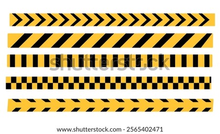 yellow and black caution warning tape set for industrial safety, road, construction, hazard area. Abstract Stripes for Police, Accident, Under Construction. Danger Tape. Seamless Vector collection
