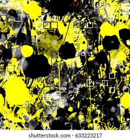 Yellow and black. Chaotic vector texture with stains, strokes and squares. Hand drawn and geometrical shapes mix random. Abstract seamless background for fabric, wrapping, home decor.