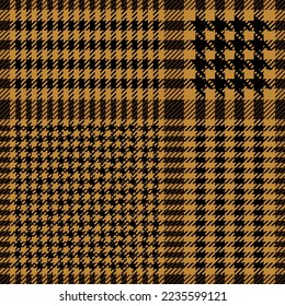 Yellow and black check plaid. Scottish houndstooth pattern fabric swatch close-up. 