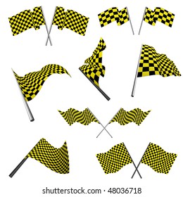 Yellow and black checked racing flags set. Vector illustration.