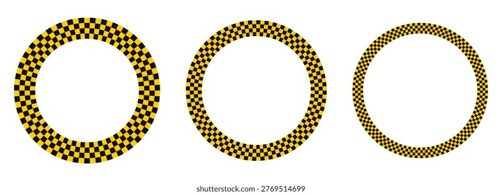 Yellow black checkerboard circle frames set. Round border with racing flag pattern, geometric grid, square tile texture. Vintage taxi emblem for urban transport, retro speed design. Vector.