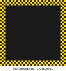 Yellow and black checkered square frame with bold contrast border. Racing flag inspired geometric pattern surrounding a dark center space. Graphic frame design for posters, banners and backgrounds.