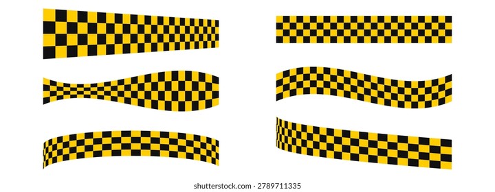 Yellow and black checkered stripes set. Taxi pattern ribbons in curved, wavy, straight shapes with perspective distortion. Racing flag texture. Cab livery, speed design, warning tape. Vector.