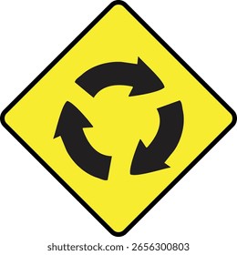 Um sinal circular amarelo e preto com uma seta, indicando uma direção ou movimento