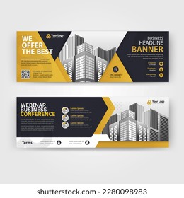 Yellow and Black color abstract corporate business banner template, horizontal advertising business banner layout template for website design