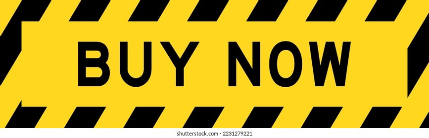 Yellow and black color with line striped label banner with word buy now