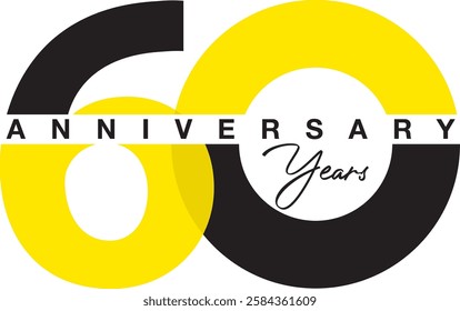 yellow and black color number 60 with word years anniversary black color are in the middle.