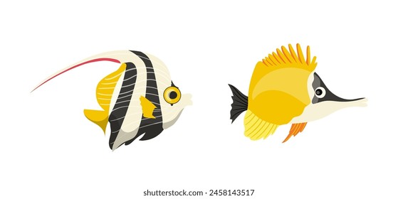 Yellow black color tropical sea fish, exotic ocean fauna, aquatic characters set isolated on white