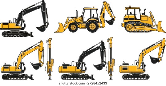 Maquinaria de construcción amarilla y negra con excavadoras excavadoras cargadoras aisladas sobre fondo blanco ilustración industrial detallada equipo de Vector colección