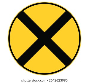 Sinal de crossbuck amarelo e preto típico para travessias ferroviárias. Imagem de clipart isolada no plano de fundo.