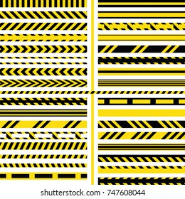 yellow and black danger ribbons. Police line, crime scene, do not cross, construction site road.