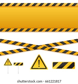 Yellow and black danger tapes. Caution lines and signs isolated on white. Vector illustration.