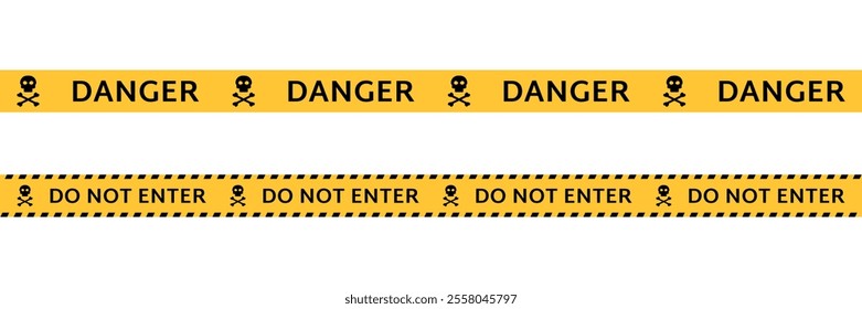 Yellow and black danger warning tape set for industrial safety, hazard area, road, construction site. danger tape with skull symbol